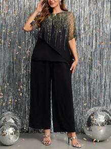 Gownix Plus Size Women Elegant And Romantic Anti-Sequin Printed Top And Wide Leg Pants 2 Pieces Set,Old Money Style Women,Business Casual Woman,Teacher Outfits For Women,Teacher Outfits For Women,Back To School Clothes,Office Outfits For Women,Lounge Sets For Women,Work Clothes Women,Button Up Shirt Women,Teacher Shirts,Work Outfits For Women,Teacher Outfits,Work Pants,Modest,Classy,Work Tops,Set For Wedding Guest,Wedding Guest Set,Wedding Guest Set Elegant,Mother Of The Bride Set,Wedding Guest,Formal Set For Wedding Guest,2025 New,Fall Clothes For Women,Winter Clothes For Women,Fall Clothes Plus Size ,Winter Clothes,Autumn, Winter Outfit For Women,Night Out,Going Out Outfit , Old Money Style Women,Suitable For Multiple Occasions,Halloween, Homecoming,Christmas,Business Casual Woman,Business Casual Outfits Women,Business Casual Woman Curve, Teacher Clothing, Business Commuting,Halloween,Christmas,2025 New - Black - View 5