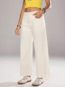 Flirla Jeans de pierna ancha de unicolor versátil y casual - Albaricoque - Ver 6
