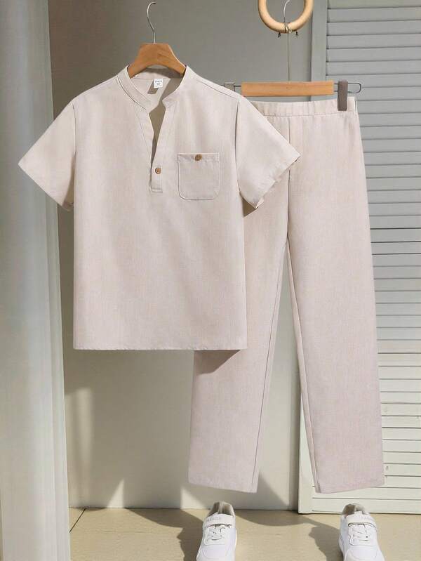 SHEIN Tween Boys 2 buc. Set de cămașă cu mânecă scurtă și pantaloni cu talie elastică, versatil pentru navetă, școală, ocazional zilnic, sport, potrivit pentru primăvară și vară