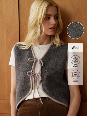 Écloséra 复古法式休闲度假通勤日常百搭撞色边开衫，咖啡色和卡其色系带女款