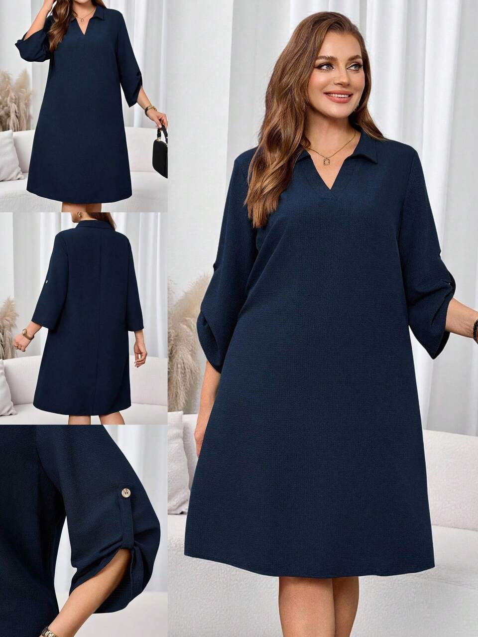 Plus Size Women's Solid Turn-Down Collar Casual Loose 3/4 Sleeve Dress Navy Blue Dress,Autumn,Fall Clothes,Fall For Women,Spring/Summer/Vacation