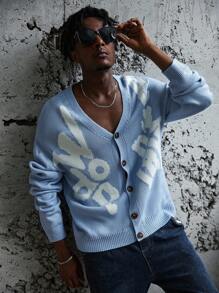 Manfinity EMRG Áo khoác cardigan nam dài tay cổ chữ V in chữ, cài cúc, kiểu dáng thường ngày, thích hợp cho mùa tựu trường. - Xanh và trắng - Xem 1