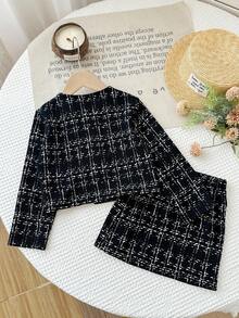 SHEIN Firerie Kids Young Girl Urban Chic Long Sleeve Jacket And Bodycon Mini Skirt Set Fall Winter