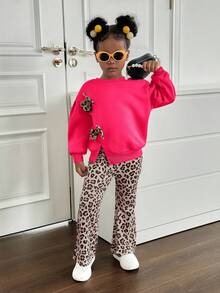 SHEIN 2pcs Young Girl Crew Neck 3D Leopard Print Bow Knit Sweater And Pants Set,Girls Cheetah Outfit For Autumn,School,Back-To-School Comfy Fall Winter - Hot Pink - View 5