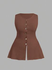 SHEIN EZwear 大码黄色针织无袖上衣，清凉夏日 - 棕色 - 查看 5