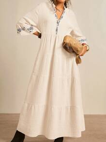 Freevana Plus Size Apricot Casual Four-Layer Dress, 3/4 Sleeves V-Neck Long Cotton Dress, Embroidered Dress, Embroidered Decorative Flared Cuffs, Waist-Length Dress, Date Evening Dress