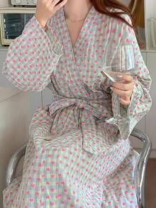 SHEIN 1件甜美迷人睡衣浴袍，春秋新款，心形格纹，优雅宽松，舒适休闲，中长款家居服。返校季 - 彩色 - 查看 2