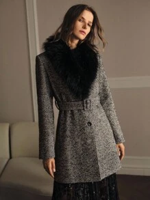 MOTF PREMIUM TWEED KONTRAST KUNSTPELZ GEGÜRTETER MANTEL - Schwarz - Übersicht 3