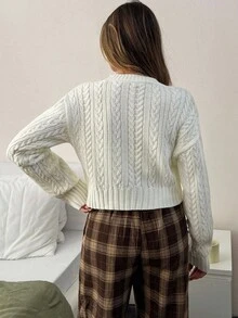 EURMUSE 奶油色粗针织短款毛衣，3D 蝴蝶结细节和罗纹下摆 - 女性化舒适触感 - 杏色 - 查看 7