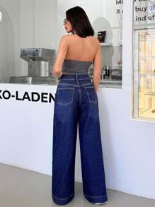 EURMUSE 高腰拉链阔腿休闲牛仔裤 - 中等水洗藍 - 查看 2