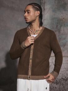 PAVTROS Manfinity Streetrush Men's Casual Contrast Trim Knit Cardigan , Fall Winter - Coffee Brown - View 4