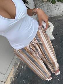 SHEIN EZwear 度假休闲彩色条纹梭织阔腿女裤 - 粉色 - 查看 3