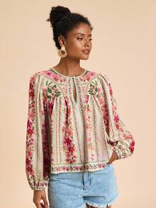 Travachic Chemise femme à manches longues avec imprimé placé tissé