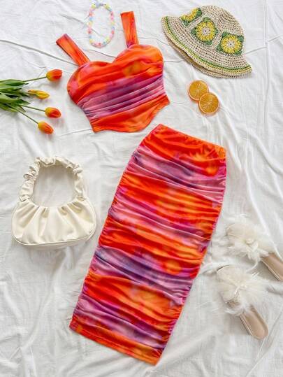 Soleia Conjunto de top de tirantes con estampado floral y minifalda plisada para mujer de talla grande, estilo de vacaciones en la playa, atuendos de primavera y verano para mujeres, atuendos de festival de música del oeste, estilo bohemio de vacaciones