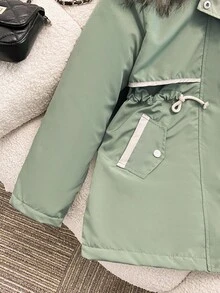 1 Stück Mädchen Farbblock Gepolsterte Jacke, Fleece Futter, Kapuze, Kunstfell Kragen, Reißverschluss, Taille, große Taschen, Winter