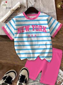 SHEIN 2pcs/Set Young Girl Casual Blue Striped With "NEW YORK" Graphic, Contrast Pink, Back To School, Collegiate Style, Short Sleeve Top And Shorts, Cute Summer Outfit