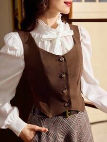 Vintamour Áo kiểu nữ cổ điển thanh lịch cài nút, thích hợp mặc thường ngày/công sở/nghỉ lễ, dành cho nữ, phong cách công sở, trang phục công sở, trang phục phương Tây. - màu nâu - Xem 2