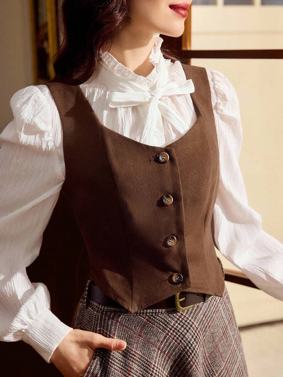 Vintamour Áo kiểu nữ cổ điển thanh lịch cài nút, thích hợp mặc thường ngày/công sở/nghỉ lễ, dành cho nữ, phong cách công sở, trang phục công sở, trang phục phương Tây.