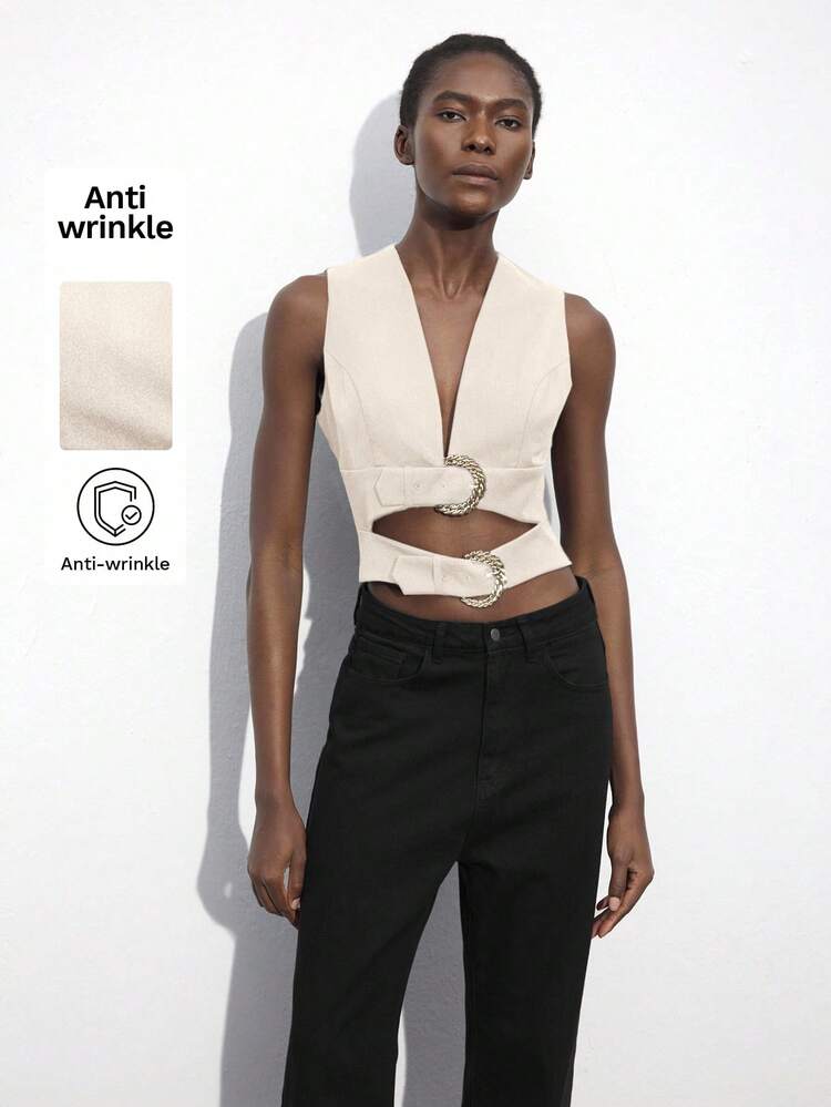 SHEIN Maija Women's Autumn Beige Deep V-Neck Double Buckle Waist Hollow Structure Elegant Crop Top, Urban Casual Business Clothing Spaghetti Strap Tops