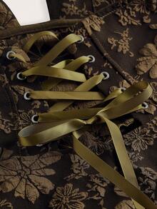 SHEIN ICON 深V领蝴蝶结系带宫廷风浪漫提花缎面连衣裙 - 棕色 - 查看 3