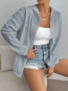 SHEIN Essnce 秋冬女士休闲纯色纹理连帽夹克 - 霧霾藍 - 查看 4