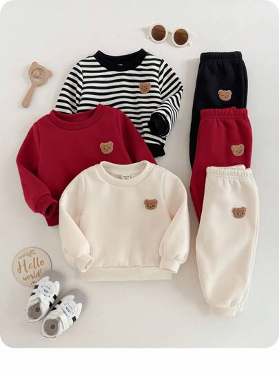 6 件套男婴/女婴可爱卡通条纹纯色长袖运动衫和针织慢跑裤 2 件套服装套装，适合秋冬季