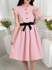 Tween Girl Frill Neck Ruffle Trim Belted Dress - Pink - View 1