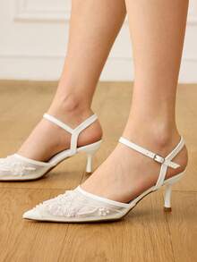 CUCCOO HITCHD 女士刺绣蕾丝串珠花朵尖头猫跟优雅浪漫性感白色网纱高跟鞋，礼服鞋，新娘婚鞋，适合下午茶、约会、派对、婚礼、正式场合 - 白色 - 查看 5