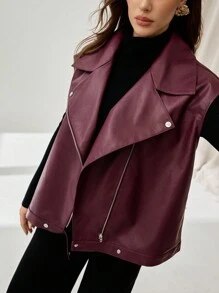 Auralis 大码女装秋冬时尚休闲宽松舒适日常百搭红色PU皮背心外套，休闲、秋季、西式、返校、Y2K、街头风 - 酒紅色 - 查看 6