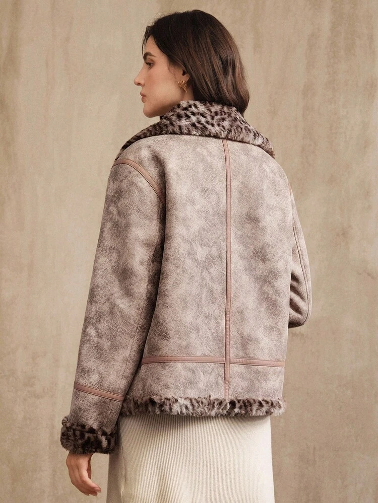 Women's Faux Fur Lined Casual Motorcycle Jacket With Leopard Print, Autumn/Winter