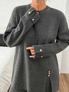 EURMUSE Charcoal Ribbed Knit Co-Ord Set With Pearl Button Detail On Sleeve And Wide-Leg Pants 2 Piece Ribbed Knit Set Two Piece Sweater Sets For Women Womens Two Piece Knit Sets 2 Piece Knit Set Women Ribbed Knit Two Piece Set Knit Two Piece Pants Set,Winter Clothes - Dark Grey - View 4
