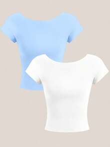 Comfortcana Bộ 2 áo thun ngắn tay cổ tròn hở lưng màu xanh dương và trắng trơn, thích hợp cho mùa xuân và mùa hè. - Nhiều màu - Xem 2