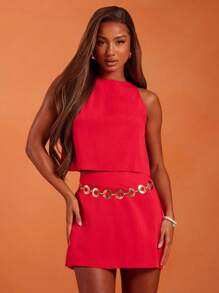 NYA SZN Matching Set (Top/Skirt) Top Tank Crop Cut Out Detail Skirt Mini Fitted Color Block Beach Basic Linen Sets For Women - Black - View 6