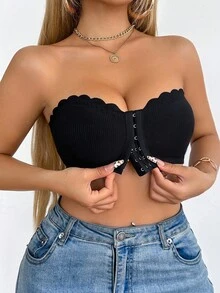 SHEIN 前开合聚拢可拆卸衬垫文胸，易于穿着的抹胸内衣 - 黑色 - 查看 1