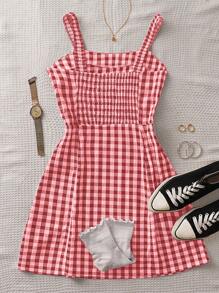 SHEIN New Style Plaid Sweet Cinched Waist Sleeveless Spaghetti Strap Dress For Women - Red - View 2