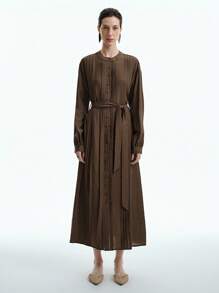 Aalyst 女士休闲纯色长袖连衣裙，前绑带设计，腰带，A 字下摆，通勤和外出百搭，秋季 - 棕色 - 查看 6