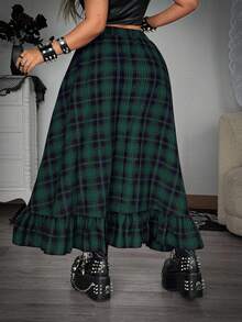 Chân váy chữ A kẻ caro lưng thun co giãn xếp ly cỡ lớn Whyspr dành cho nữ phong cách tối màu thường ngày có viền nhún bèo - màu xanh lá - Xem 2