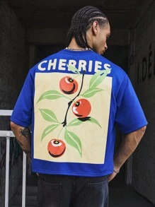 PAVTROS Manfinity Streetrush Herren Vintage Kirschprint T-Shirt, Strick Rundhals Tee, locker geschnittener Crop Fit, lustiges Kirsch Grafik Design, geeignet für Lässig, Streetwear, Training, Schulanfang, Mode, Geschenk, Freund Geschenk, Unisex