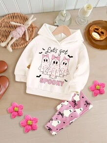 SHEIN Happikins Halloween, Cream Pink, Super Cute Little Ghost Bow Heart Print, Autumn Vibe, Baby Girl Casual Minimalist Letter Pattern Loose Raglan Hoodie Sweatshirt And Relaxed Fit Pants 2 Pieces Set, Sweet Casual, Outings, Street Style, Loungewear, Party, Picnic Fall Winter - Multicolor - View 2