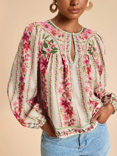 Travachic Camisa feminina de manga comprida com estampa de posicionamento em tecido