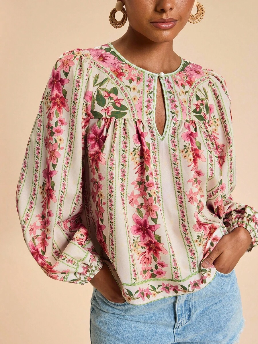 Travachic Chemise femme à manches longues avec imprimé placé tissé