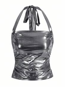 SHEIN x PRISCILA & JIMENA ROMWE PUNK Women's Metallic Halter Neck Top, School - Silver - View 3