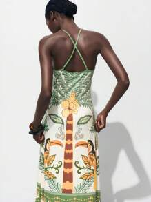 Maija Women's Boho Tropical Print Maxi Dress Sleeveless Spaghetti Strap Woven Fabric Dress With Ruffle Hem - Multicolor - View 3