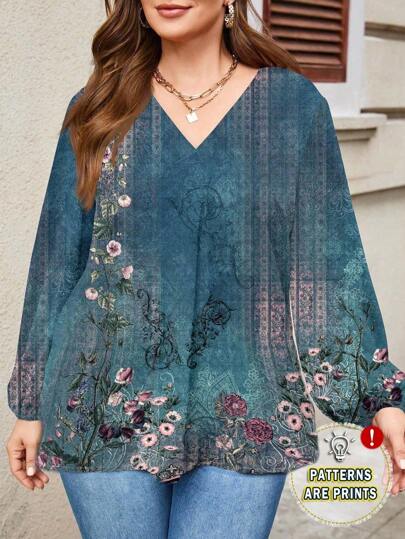 SHEIN LUNE 复古图案大码女式 V 领灯笼袖长款宽松衬衫，适合秋冬季