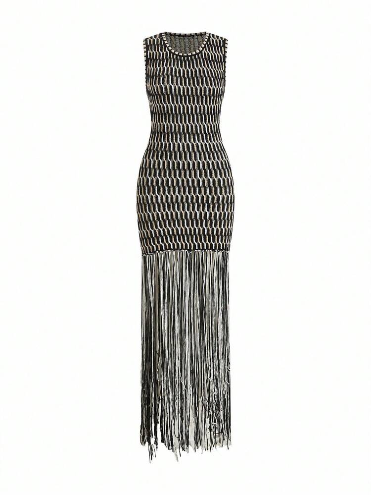 SHEIN x PRISCILA & JIMENA Handmade Weaving Black & White Tassel Strap Dress, Stylish Design For Summer , Fringe Dress
