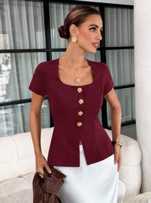 Lavishia 女士方领金属花朵纽扣背心，时尚优雅夏季女装度假休闲商务休闲可爱夏季女式衬衫 - 酒紅色 - 查看 3