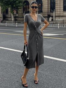 DAZY Đầm midi ôm sát cổ chữ V dành cho nữ, đầm hè cho nữ, đầm chống nắng. - Xám - Xem 2