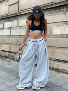 Coolane 女士秋季街头服饰基本款日常外出机场休闲灰色低腰宽松香蕉裤