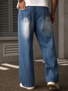 Manfinity Homme Quần jean ống rộng thêu màu xanh dương dáng rộng thoải mái cho nam cỡ lớn - Rửa trung bình - Xem 2