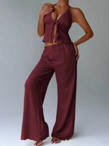 FavEase Women Summer Pleated Halter Cami Top And Wide Leg Pants 2-Piece Set - Burgundy - View 4
